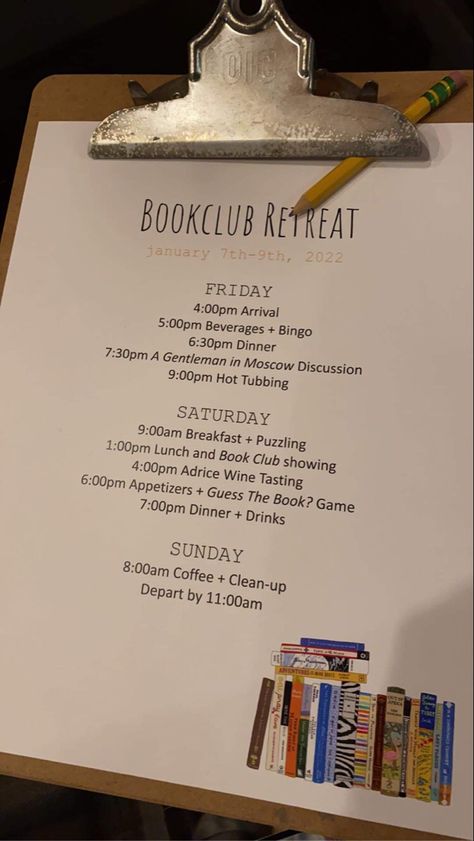 Book Club Event Ideas, Family Book Club Ideas, Book Club Schedule, Book Club Topics, Book Club Content, Book Club Itinerary, Mad Honey Book Club Ideas, Reading Party Ideas, Book Club Weekend