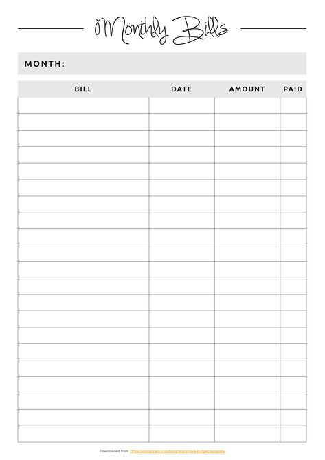 Money to spare likes good care. Save your money with keeping your monthly bills. You can plan all expenses at the beginning of the month and then just check which is done by putting a tick in ""Paid"" box. Sections available in this template: Month's name section, Bill, Date, Amount, Paid  #printablebudgetplanner #savingmoney #budgetplannertemplate #planner #printable Bill Spreadsheet Excel, Bills Planner Template, No Spend Template, Finance Template Free Printables, Money Planner Ideas, Monthly Bills Tracker, Monthly Money Planner, Bill Template Monthly Budget, Bill List Template