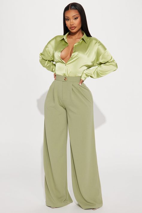 Available In Black, Ivory, Beige, Green, And Pink. Satin Shirt Long Sleeve Button Down Collar Non Stretch 96% Polyester 4% Spandex Imported | Ariel Satin Shirt in Green size XS by Fashion Nova Pan Suits For Women Wedding, Amazon Womens Suits, Pants Outfits For Women Formal, Plus Size Green Cargo Pants Outfit, Sage Green Pantsuit, Women Suits Plus Size, Corporate Plus Size Outfits, Pear Shape Fashion Outfits, Pant Suit Outfits For Women
