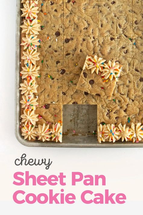 This chewy sheet pan cookie cake is the perfect birthday treat for a crowd! Bake in a rimmed half sheet cookie sheet to feed 24-36 people! Sheet Pan Cookie Cake, Lemon Cookie Cake, Fun Desserts For Kids, Sheet Pan Cookies, Fun Desserts To Make, Homemade Cookie Cakes, Design Eat Repeat, Giant Cookie Cake, Pan Cookies