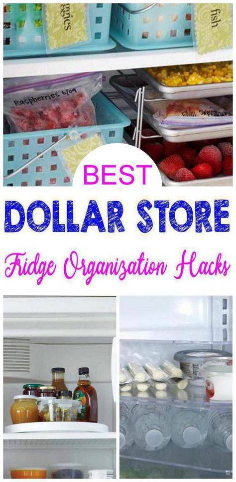 Dollar Store hacks for the BEST fridge organization! Easy DIY Dollar Tree craft project ideas. Great ideas plastic containers, bins, trays, or stacked containers & more that are budget friendly. Creative organizing ideas & storage ideas for refrigerator Declutter your fridge with these unique and useful DIY craft projects using Dollar Tree products. Learn how to make Dollar Store hacks with these step by step instructions or Youtube video tutorial :) #hacks #dollarstore Organisation, Refrigerator Organization Dollar Store, Cheap Kitchen Storage Ideas, Fridge Organization Dollar Store, Fridge Organization Hacks, Dollar Tree Organization, Diy Kitchen Projects, Cheap Organization, Room Organization Diy