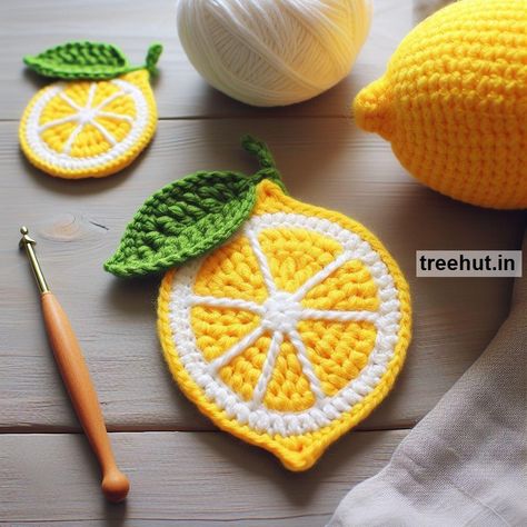 Lemon Crochet Coaster Ideas Amigurumi Patterns, Lemon Coasters Crochet, Crochet Lemons Free Pattern, Crochet Lemon Coasters, Lemon Crochet Coasters, Fruit Coasters Crochet, Crochet Fruit Coasters, Crochet Lemon Pattern Free, Mini Crochet Ideas