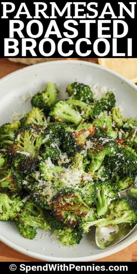 Easy Parmesan Roasted Broccoli with lemon and garlic bakes up crispy and perfect for dipping. Or, have it as a side dish with sheet pan lemon chicken and potatoes! #spendwithpennies #parmesanroastedbroccoli #sidedish #roastedbroccoli #broccoli #recipe #easy #crispy #keto #homemade Oven Roasted Broccoli, Parmesan Roasted Broccoli, Roasted Broccoli Recipe, Quick Side Dishes, Side Dish Recipes Easy, Easy Side Dish, Roasted Broccoli, Broccoli Recipes, Healthy Side Dishes