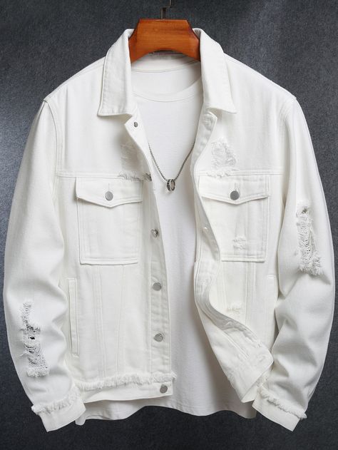 Beige Casual Collar Long Sleeve Denim Plain Other Embellished Non-Stretch  Men Denim White Jacket Outfit Men, Jeans Jacket Outfit Men, White Denim Jacket Mens, Stylish Jackets For Men, White Denim Jacket Outfit, Jean Jacket Outfits Men, White Jacket Outfit, White Jackets, Jaket Denim