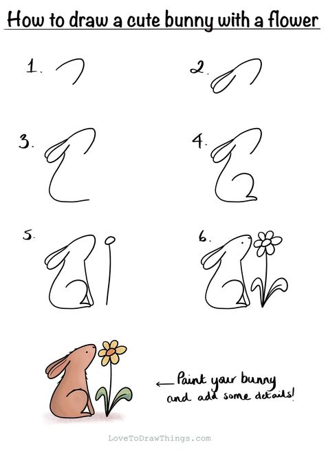 Cute Bunny Drawings Easy, Easy Bunny Sketch, How To Draw A Cute Bunny Step By Step, Easter Bunny Easy Drawing, How To Learn To Draw Step By Step, Easter Step By Step Drawing, Easy Spring Flowers To Draw, Cute Animals Easy Drawings, Simple Drawings Step By Step Easy