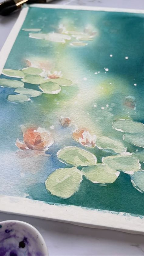 katrinapetewatercolor on Instagram: These little pond studies came together with masking fluid for the Lilly pads. Then I dropped in saturated color for the water, being… Nature, Water Lillies Watercolour, Impressionist Inspired Art, Watercolor Painting Of Water, Impressionist Paintings Watercolor, Lily Pads Watercolor, Watercolor Lilly Pad, Watercolor Paintings Reference, Water Lilies Watercolor