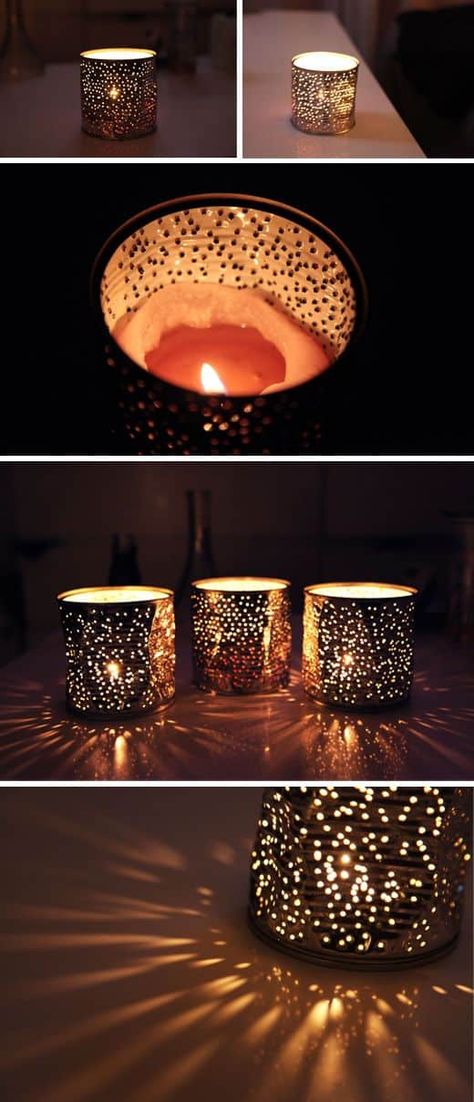 Reuse Candle, Koti Diy, Tin Can Lanterns, Candle Decoration, Tin Can Crafts, Tin Tin, Creation Deco, Navidad Diy, Outdoor Diy Projects