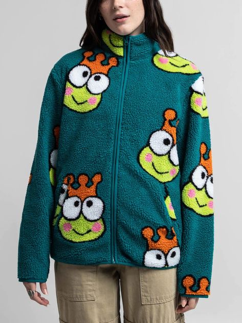 Sherpa fleece Allover print Slant pockets Sticker hangtag 100% polyester Imported Officially licensed Sanrio merchandise Keroppi Outfit, Keroppi Merch, Sanrio Merchandise, Sanrio Merch, Sanrio Clothing, Sherpa Hoodie, 2023 Trends, Fleece Shorts, Sherpa Jacket