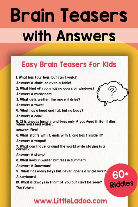 Fun and easy Brain Teasers for kids Brain Teasers For Preschoolers, Riddle Games With Answers, Fun Riddles For Kids, Hot Pics With Hidden Face Mirror Men, Brain Puzzles For Kids, Game Challenges Ideas, The Answer Is What Is The Question, Scattegories For Kids, Elementary Kids Activities