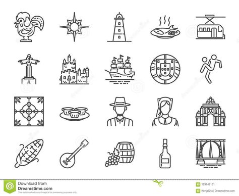 Illustration about Vector and illustration: Portugal icon set. Included icons as Portuguese, Lisbon, Cristo rei, Belem, Barcelos Rooster, travel and more. Illustration of fish, barcelos, europe - 123749151 Small Portuguese Tattoos, Portugal Tattoo Ideas Lisbon, Portugal Inspired Tattoo, Lisbon Tattoo Ideas, Portuguese Tattoos, Portuguese Tattoo Ideas, Portugal Tattoo, Portugal Logo, Portuguese Tattoo