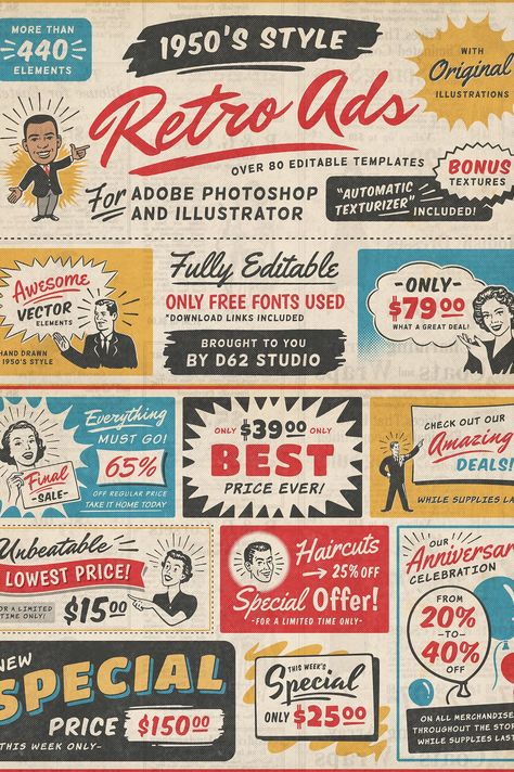 1950s Retro Style Ad Templates American Advertising 1950, Retro Advertising 1950s Illustrations, Vintage Ad Posters Retro Ads, Vintage Ad Illustration, 1950 Poster Design, Vintage Design Inspiration, Vintage Flyers Design, 1940s Posters Vintage Ads, 1960s Posters Vintage Ads