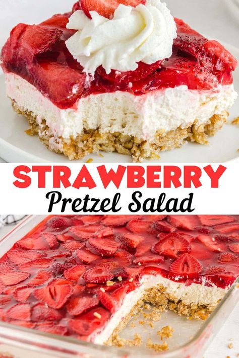 This viral Strawberry Pretzel Salad has over 400,000 views and is a no-fail out of this world dessert. It's easy & insanely delicious, it features a salty pretzel crust, creamy cheesecake, and sweet strawberry Jell-O. Perfect for any occasion! Taste Of Home Strawberry Pretzel Dessert, Gluten Free Strawberry Pretzel Salad, Strawberry Cheesecake With Pretzel Crust, Pretzel Jello Salad Strawberry, Strawberry Jello And Pretzel Dessert, Judy’s Strawberry Pretzel Salad, Yummy Salty Snacks, Pretzel And Strawberry Dessert, Strawberry Pretzel Salad With Frozen