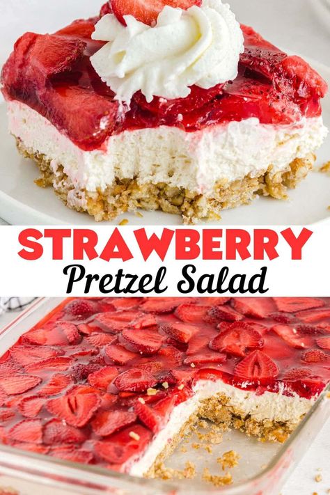 This viral Strawberry Pretzel Salad has over 400,000 views and is a no-fail out of this world dessert. It's easy & insanely delicious, it features a salty pretzel crust, creamy cheesecake, and sweet strawberry Jell-O. Perfect for any occasion! Taste Of Home Strawberry Pretzel Dessert, Judy’s Strawberry Pretzel Salad, Strawberry Cheesecake With Pretzel Crust, Strawberry Pretzel Dessert Made With Frozen Strawberries, Gluten Free Strawberry Pretzel Salad, Strawberry Pretzel Dessert With Frozen Strawberries, Strawberry Dessert With Cream Cheese, Strawberry Pretzel Salad With Frozen, Pretzel Cheesecake Dessert