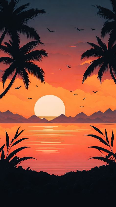 Drawing Beach Ideas, Beautiful Scenery Drawings Easy, Sunset Beach Drawing, Sunset Cartoon, Easy Nature Drawings, Beautiful Scenery Drawing, Natural Pic, Boho Art Painting, Drawing Sunset