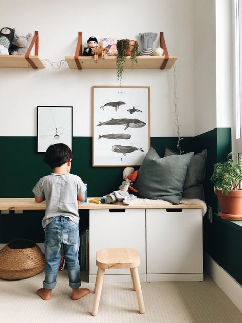 Small Home Tours (Mini): Stephanie's Beautiful Kids Room with Ikea Hack Play Bench — 600sqftandababy Ikea Hack Kids Storage, Ikea Nordli Desk Hack, Toddler Boy Room Ikea, Ikea Storage Office, Half Painted Accent Wall, Kids Room Rugs Boys, Ikea Boy Room, Kids Room Ikea Ideas, Ikea Smastad Kids Room