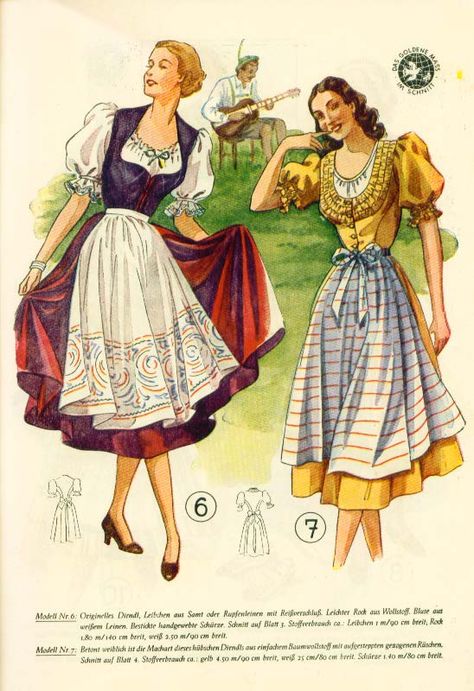 Lutterloh Dirndl Supplement 1950's pg. 5 Dirndl Pattern, German Traditional Dress, Modern Vintage Dress, 1930's Dresses, German Costume, Vintage Fashion 1930s, German Dress, Vintage Fashion 1950s, Dirndl Dress