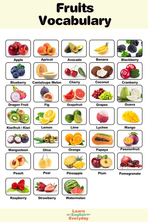 In this video, you'll learn the names of 33 Fruits Vocabulary in English. if you like my video please Subscribe to my channel and click the bell icon to get new video updates. #fruits #fruitsvocabulary #vocabulary #englishconversation #learnenglish #english Krishna Teachings, Fruit Vocabulary, Fruits And Vegetables Names, Shapes Preschool Printables, Health Fruits, Fruits Photography, Fruits Name In English, Healthy Food Chart, Vocabulary In English