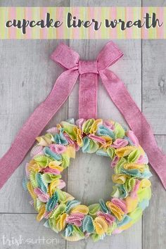 Follow this simple tutorial to create an easy DIY Dollar Store Colorful Spring Wreath for your seasonal decor made with cupcake liners, a foam craft wreath, burlap ribbon, and straight sewing pins. #wreath #spring #kenarry Amigurumi Patterns, Craft Foam Projects For Adults, Cupcake Liner Wreath, Easy Spring Crafts For Adults Simple, Magnolia Crafts, Cardboard Wreath, Wreath Diy Easy, Burlap Wrapped Wreath, Wreath Business