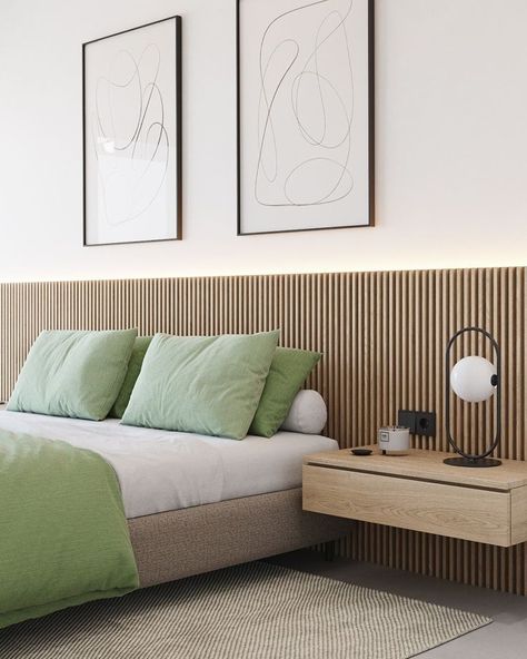 Headboard Wood Panel, Headboard Ideas Small Bedroom, Headboard For Small Bedroom, Coastal Bedroom Modern, Fluted Panel Bedroom, Coastal Interior Design Bedroom, Wood Fluted Panel, Ledge Above Bed, Small Bedroom Ideas Layout