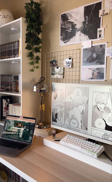 Room Set Up Ideas Aesthetic, Anime Aesthetic Apartment, Shelf Desk Decor, Totoro Bedroom Decor, Asian Desk Aesthetic, Anime Board Ideas, Japanese Anime Room, Boho Anime Room, Studio Ghibli Themed Room Aesthetic
