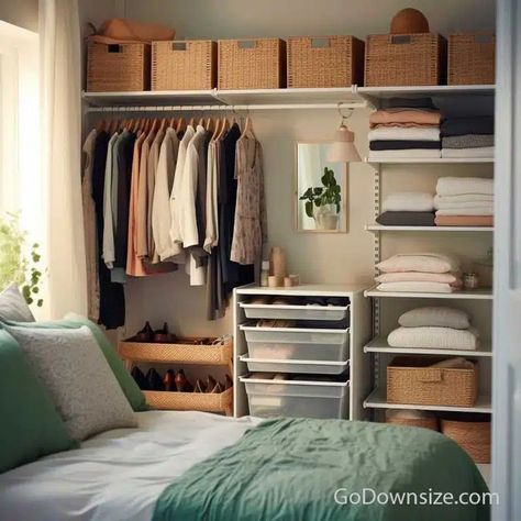 This minimalist bedroom keeps its vanity and storage area by the wall with open shelves, containers, and a rod to hang clothes on. Small Bedroom With No Closet, Bedroom With No Closet, Bedroom Wall Panels, Exposed Closet, Panels Bedroom, Ideas For Small Bedroom, Functional Bedroom, Wall Panels Bedroom, No Closet