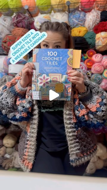 Artful KreativiDee (DK) on Instagram: "I'm in love with this scrap yarn cardigan I created from super sizing a crochet tile pattern from my new book! When you've made as many garments as I have it's pretty easy to construct a cardigan with no instruction.  #crochet #grannysquare #chunkysweater #maker #wearableart #makersgonnamake #crochetersofinstagram #crochetsweater #crochetcardigan #scrapyarn #yarnaddict #yarnwall #nopattern #slowfashion #slowfashionstyle #supportmakers #supportsmallbusiness" Scrap Yarn Cardigan, Yarn Cardigan, Scrap Yarn, Tile Pattern, Cardigan Pattern, Support Small Business, Chunky Sweater, Crochet Cardigan, Tile Patterns