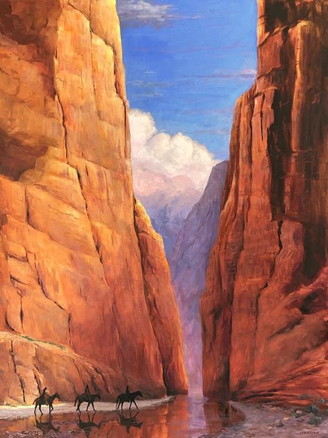 Canyon Riders by LaRhee Webster, Oil, 40 x 30 x 1.5 Painting Desert Landscape, Western Oil Paintings, Canyon Drawing, Desert Acrylic Painting, Canyon Illustration, Canyon Watercolor, Canyon Painting, Canyon Landscape, Western Painting