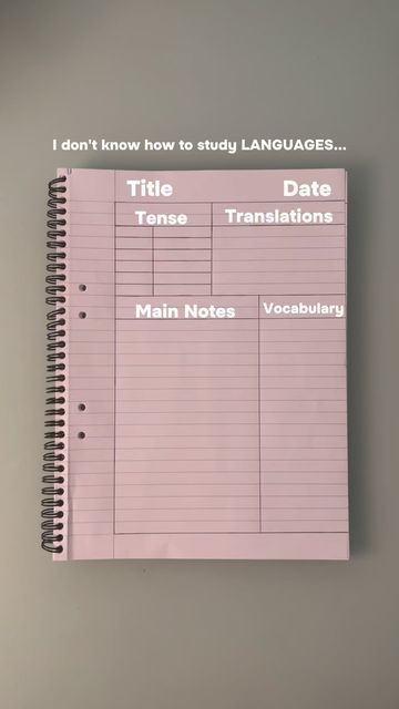 Aesthetic Fact File, How To Layout Notes, Study Chart Ideas, Language Studying Tips, Revision Set Up, Notes Tips Ideas, Language Notes Template, Note Set Up Ideas, How To Take Notes For English