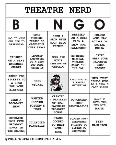 Theatre Problems on Instagram: “Proud theatre nerd right here. ✌🏼 What does your BINGO board look like? Be sure to tag us if you post! @theatreproblemsofficial…” Theatre Quotes, Theatre Nerd Aesthetic, Musicals Theatre, Backstage Theatre, Theater Kid Memes, Theatre Humor, Nerd Aesthetic, Theatre Problems, Dance Inspiration