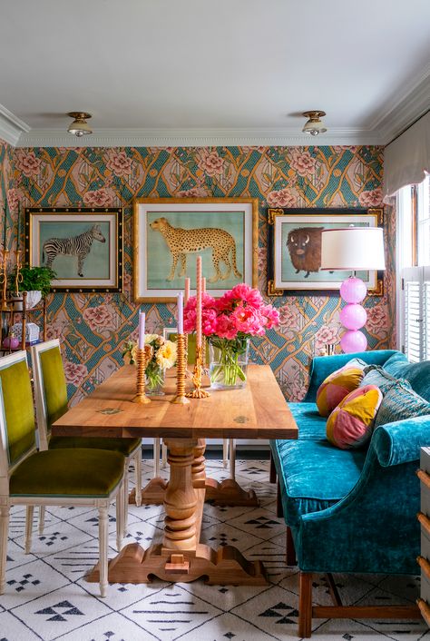 Grandmillennial Style Dining Room, Anthro Dining Room, Dining Room Design Maximalist, Dining Room For 12 People, Fuschia Dining Room, Anthropologie Eclectic Home, Dining Room Colorful Chairs, Maxamilist Dining Room, Colorful Dining Nook