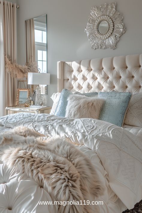 Add a touch of glamour to your bedroom with these elegant ideas! Incorporate shimmering accents, plush textures, and sophisticated decor to create a space that feels luxurious and inviting. Get ready to sparkle! Click the link to explore more Elegant Bedroom Ideas. #BedroomIdeasElegant #GlamorousLiving Rich Looking Bedroom, Gorgeous Bedroom Ideas, Bedroom Inspirations Modern Elegant, Modern Glam Bedroom Ideas, Elegant Bedroom Ideas Luxury Modern, Modern Glam Bedroom Decor, Chic Bedroom Ideas For Women, Deco Ideas Bedroom, Bedroom Inspirations Teenage Aesthetic