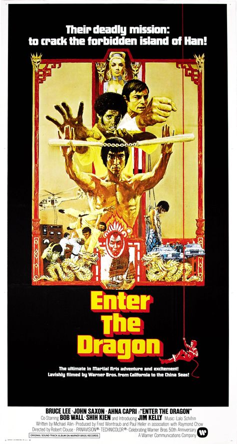 "Enter The Dragon" movie poster, 1973.  A week before its release, Bruce Lee mysteriously died and a cult hero / movement was born.  In 2004, the film was deemed "culturally, historically, and aesthetically significant" in the United States and selected for preservation in the National Film Registry of the Library of Congress. Bruce Lee Poster, John Saxon, Bruce Lee Movies, Jim Kelly, Dragon Movies, Martial Arts Movies, Enter The Dragon, Poster Minimalist, Cult Movies