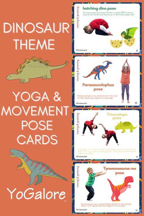 These dinosaur yoga and movement cards will get your students moving and grooving while learning some fun dinosaur facts! Dinosaur Yoga, Dinosaur Songs, Dinosaur Classroom, Dinosaur Activity, Dinosaur Theme Preschool, Movement Cards, Preschool Gymnastics, Dinosaur Activities Preschool, Dinosaur Facts