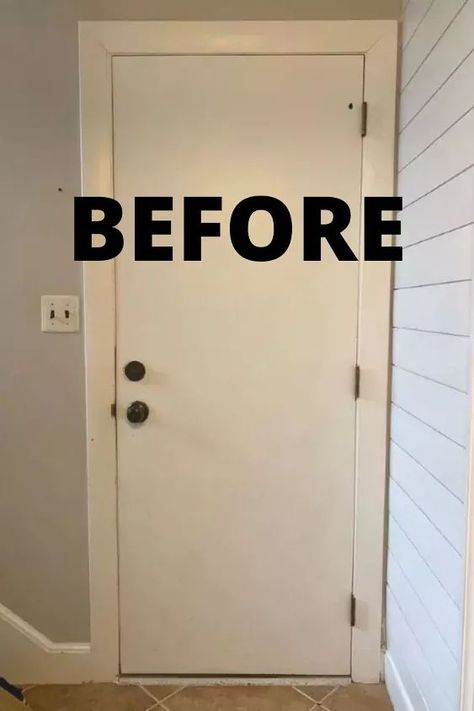 See how she gave her old plain interior door an update for cheap with this quick DIY door upgrade. How to add trim to interior door. Add Trim To Plain Door, Hollow Core Doors Makeover, Old Door Makeover Ideas, How To Add Trim To Doors, How To Paint Old Doors, Update Plain Interior Doors, Interior Garage Door Makeover, Plain Doors Makeover Ideas, Add Trim To Door