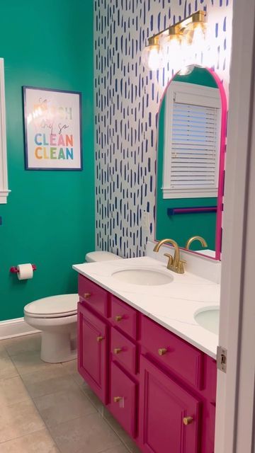 Fun Hall Bathroom Ideas, Fun Bathroom Vanity Colors, Pink And Blue Kids Bathroom, Painted Half Bath, Bright Colored Bathroom Ideas, Fun Retro Bathroom Ideas, Bright Colorful Bathroom Ideas, Bathroom Bright Colors, Small Funky Bathroom