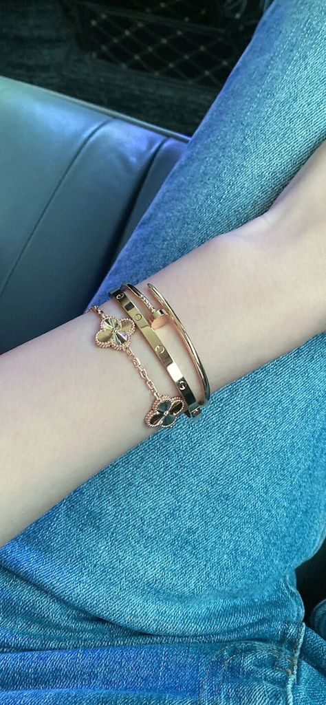 Stacking Bracelets Classy, Rose Gold Cartier Love Bracelet Stack, Stack Gold Bracelets, Juste Un Clou Bracelet Stack, Alhambra Bracelet Stack, Cartier Bracelet Stack Ideas, Gold Stack Bracelets, Small Cartier Love Bracelet, Cartier Love Stack