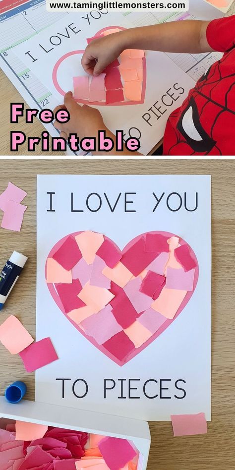 I Love You To Pieces Valentine's Day Craft for Kids. Free Printable Template. A fun art and craft activity for toddlers, preschoolers and kindergarteners. Perfect for sending home to parents this valentine's day. #valentine #artsandcrafts #freeprintable #toddler #preschool #kindergarten Special Persons Day Craft, Valentine Gift For Parents Preschool, Valentines Day Games For Kids Preschool, Valentines Craft For Kindergarteners, Preschool Heart Activities, Love Crafts For Toddlers, Valentine Craft Preschool Parent Gifts, Valentine Projects For Toddlers, Valentine’s Day Crafts Kindergarten