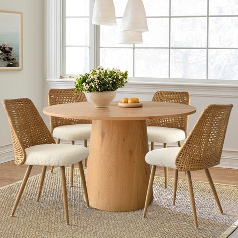 Fabric Upholstered Dining Chair (Set of 4) - N/A - Bed Bath & Beyond - 39793896 Boucle Dining Chair, Boho Dining Room, Round Dining Table Sets, Coastal Aesthetic, Round Dining Set, Oversized Furniture, Rattan Dining, Cane Dining Chair, Rattan Dining Chairs