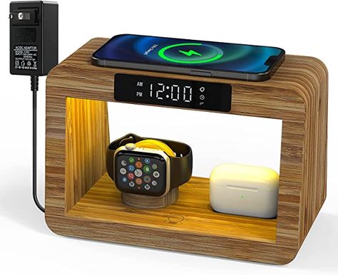 Wireless Charging Station, Fast Charger with Digital Alarm Clock & Night Light, Bamboo Charging Dock Compatible with iPhone/iWatch/AirPods/Samsung Diy Apple Watch Charging Stand, Phone Charging Station Ideas, Bedside Charging Station, Magsafe Stand, Apple Charging Station, Charging Station Organizer, Iphone Charging Station, Phone Charging Stations, Cell Phone Charging Station