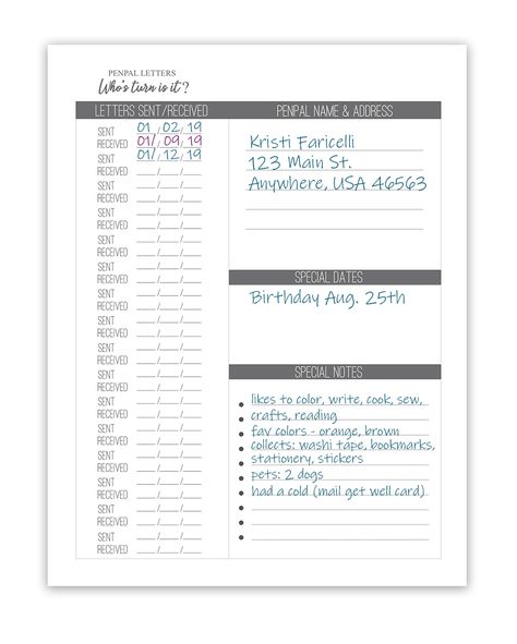 Penpal Tracker Printable, Penpal Printables Free, Pen Pal Organization, Pen Pal Questions For Adults, Penpal Tracker, Pen Pal Letters Inspiration, Penpal Printables, Pen Pal Tracker, Pen Pal Ideas