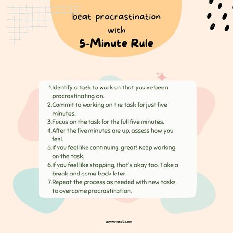 beat procrastination with 5-minute rule Organisation, 5 Minutes Rule, 5 Minute Rule, Anti Procrastination Daily Routine, How To Beat Procrastination, Procrastination Journal Prompts, How To Overcome Procrastination, Productivity Rules, 2 Minute Rule