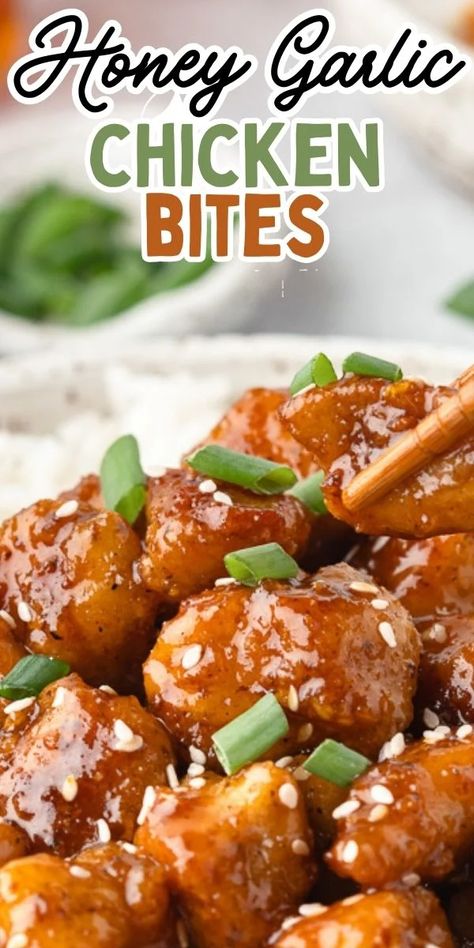 These Honey Garlic Chicken Bites recipe have the perfect balance of the sweet and savory umami flavors that makes for a very popular delicious dish. A simple recipe to make in 25 minutes for a tasty dinner served with rice, noodles or in a stir fry and as a yummy chicken appetizer for special occasions!! Easy Chicken Receipts, Essen, Honey Garlic Chicken Chinese, Garlic Honey Chicken Recipes, Honey Chicken Bites Recipes, Yummy Stir Fry Recipes, Unforgettable Honey Garlic Chicken, Honey Garlic Asian Chicken, Low Calorie Honey Garlic Chicken