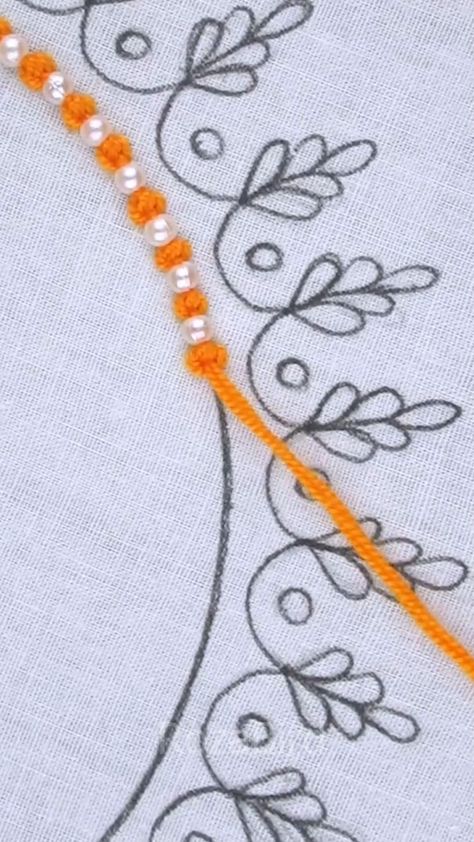 Bead Designs Pattern For Dress, Dress Hand Designs, Easy Embroidery Designs, Simple Hand Embroidery Patterns, Stitch Cute, Neckline Embroidery, Ribbon Embroidery Tutorial, Hand Embroidery Dress, Diy Embroidery Designs