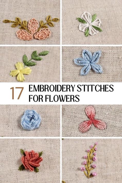 Learn how to embroider flowers using 17 different embroidery stitches. Some can be used for large flowers, some for small, and some for more simple or detailed versions of them. I hope you get inspired and try some of them in your next project! Tela, How To Learn Embroidery Stitches, Embroidered Small Flowers, Embroidery To Sell Ideas, Cool Embroidery Patterns, Beginner Embroidery Flowers, Floral Embroidery Stitches, How To Learn Embroidery, Easy Embroidery For Beginners Flowers