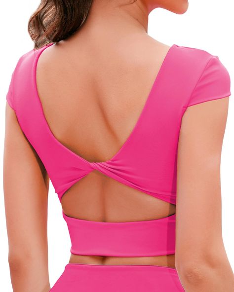 PRICES MAY VARY. Longline Sports Bras Square Neck Crop Top---For medium-impact workouts or sporty styling, this fashion-forward womens sports bra makes workout wear feel fun. Extra long line sports bra prevents the crop shirt moving around. Slight square neck crop top for women, sets you free to stretch, train, and push your limit. Do yoga and pilates with an unbothered mind. Womens Open Back Short Sleeve Workout Tops---Athletic cut out top low-cut back design is so cute and put-together. Short Cute Workout Sets, Yoga Tops For Women, Workout Sets Outfit, Slay Fashion, Cropped Workout Top, Hot Pink Sports Bra, Black Tank Top Women, Plus Size Crop Tops, Gym Crop Top