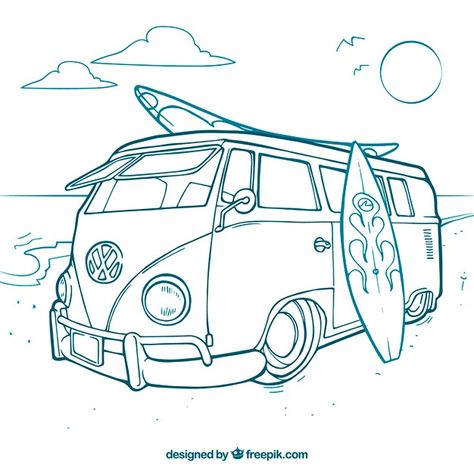 Surfer van | Free Vector #Freepik #freevector #hand #beach #hand-drawn #board Surfer Van, Van Drawing, Bus Art, ポップアート ポスター, Vw Art, Cool Car Drawings, Stickers Laptop, Car Illustration, Surf Art