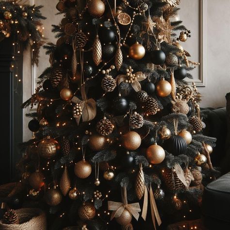 15 Super Elegant Black and Gold Christmas Tree Decor Ideas » HomeDecorFull Moody Christmas Tree Topper, Natal, Black Neutral Christmas Tree, Black And Navy Christmas Tree, Christmas Black And White Decor, Dark Brown Christmas Tree, Copper Themed Christmas Tree, Brown And Navy Christmas Tree, Black Bulbs Christmas Tree