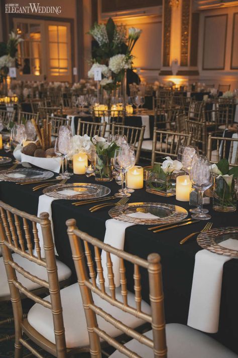 Black Gold And Glass Wedding, Gold White Wedding Table Setting, Black Wedding With Gold Accents, Black And Gold Place Setting Wedding, Black White And Gold Event Decor, Black And Cream Table Setting, Black Gold Wedding Table Setting, Black White And Gold Wedding Table Settings, White Green Gold Wedding Table Decor