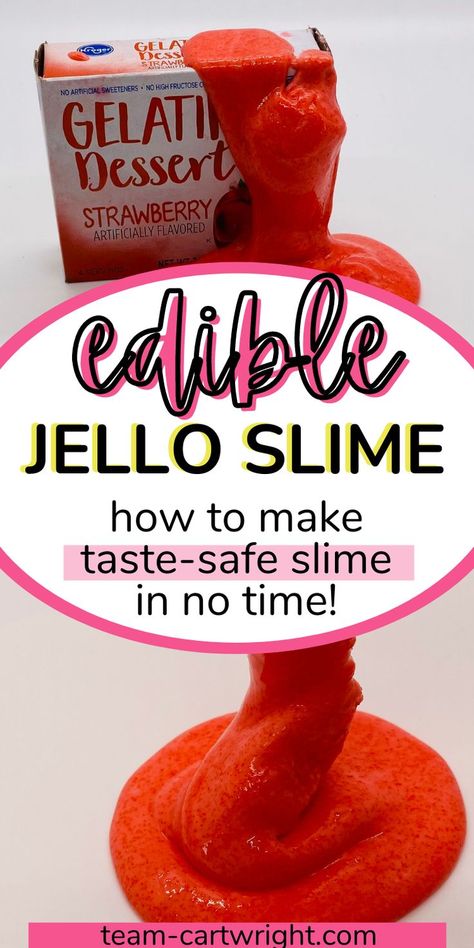 Text: Edible Jello Slime how to make taste-safe slime in no time! Top Picture: Box of strawberry gelatin dessert mix with red slime oozing over box. Bottom picture: red edible slime stretching and ending in a pile. Edible Slime For Kids, Preschool Food Crafts, Jello Slime, Taste Safe Sensory Play, Taste Safe Sensory, Slime Science, Edible Sensory Play, Science Activities For Toddlers, Preschool Food