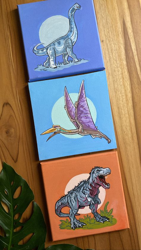 Dinosaur Canvas Art, Dinosaur Comic Art, Paintings Of Dinosaurs, Cartoon Dinosaur Painting, Acrylic Painting Dinosaur, Cute Dinosaur Painting Acrylic, Acrylic Dinosaur Painting, Dinasour Painting Canvas Easy, Dino Canvas Painting